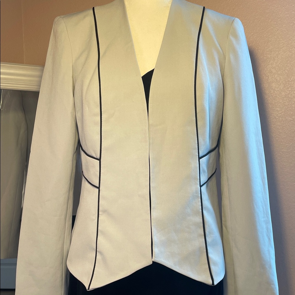 Black Label by Evan-Picone Grey Black Piped‎ Open Front Blazer Jacket Womens 6